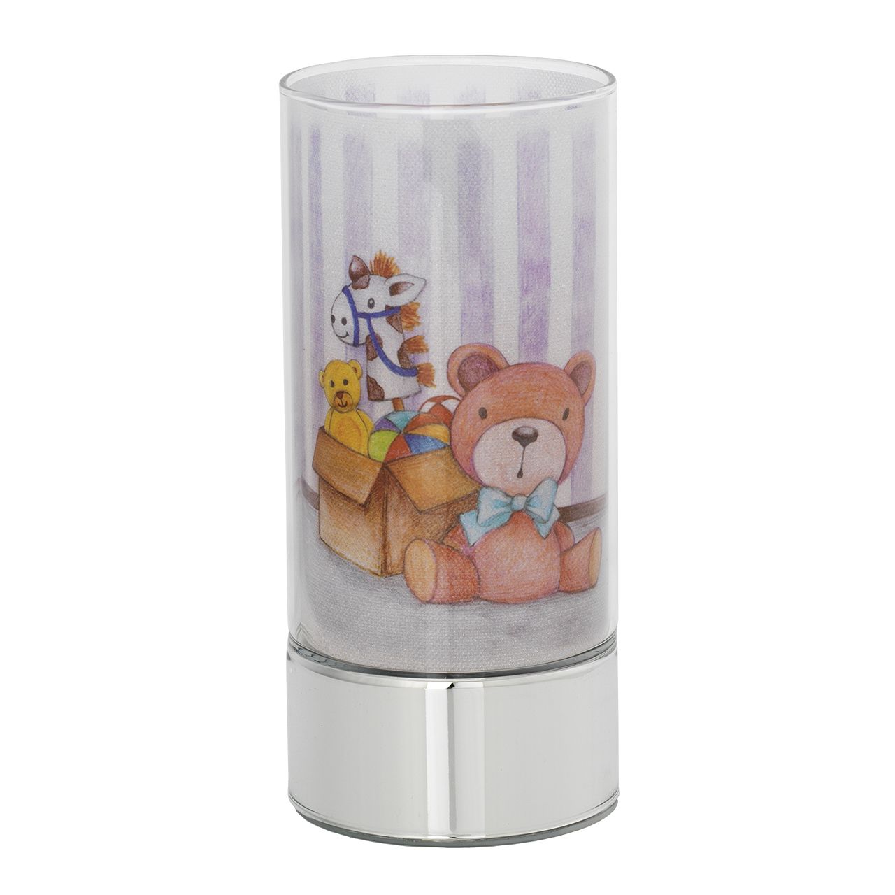 LAMPADA IN VETRO H. 20 CON DECORO SCATOLA GIOCHI